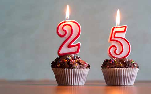 two cupcakes with a 2 and 5 candle on them-Shutterstock